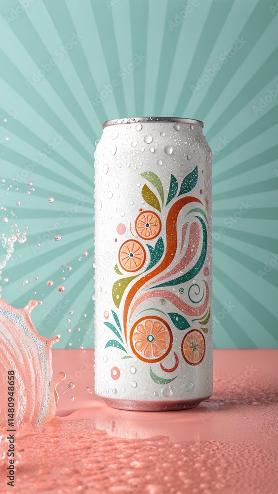 Fototapeta premium White soda can with orange and grapefruit illustration, condensation, and pastel background