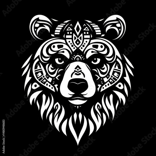 Wallpaper Mural Black and white tribal-style bear head design with intricate patterns and sharp contrasts on a black background. This image is ideal for tattoo art, logos, or cultural symbolism concepts. Torontodigital.ca