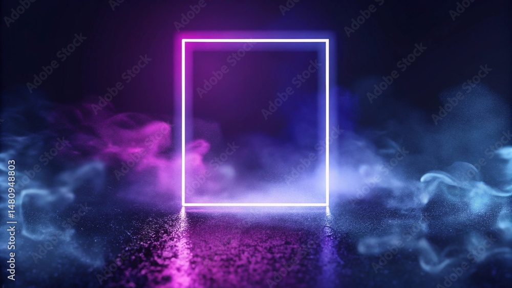 A glowing neon rectangle with purple and blue hues, surrounded by hazy smoke and sparkling particles on a reflective dark surface. A glowing neon rectangle with purple and blue hues, surrounded by hazy smoke and sparkling particles on a reflective dark surface.