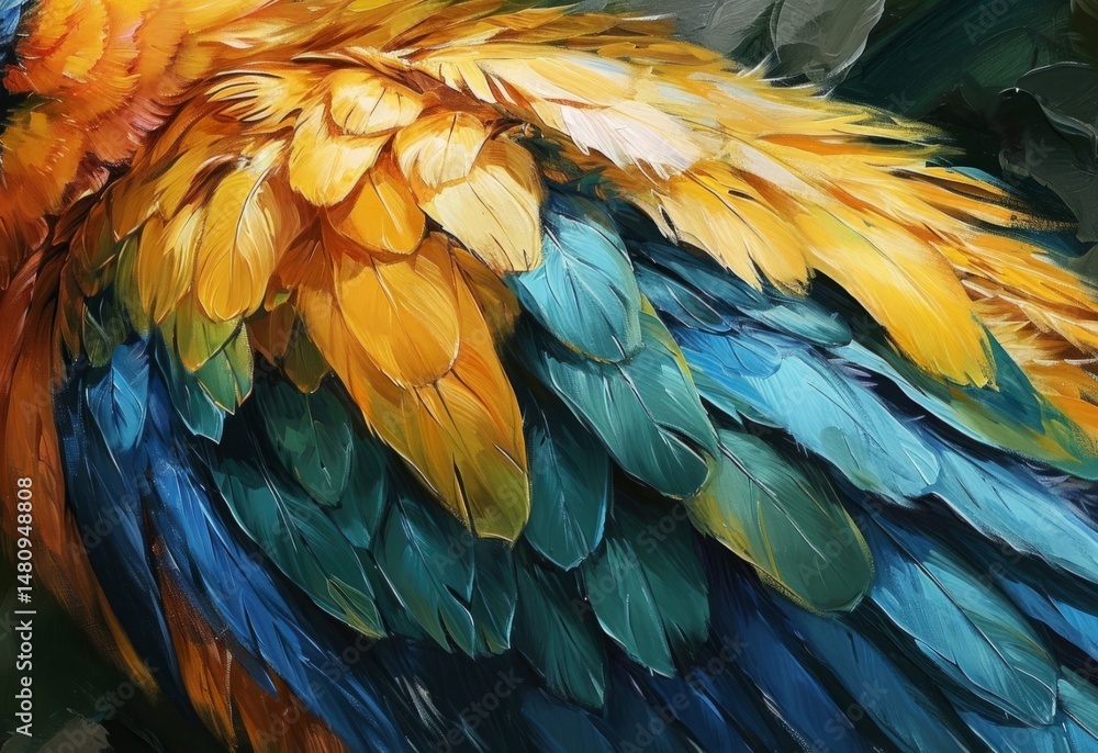 Obraz premium Colorful Feather: A close-up look at a parrot feather reveals vibrant hues and intricate details of nature's artistry.
