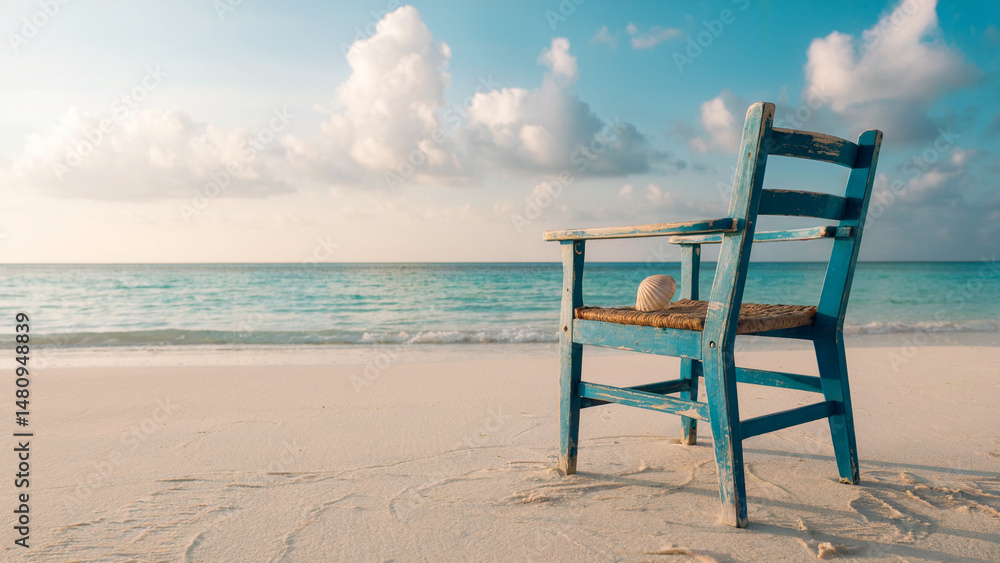 Fototapeta premium Blue chair and seashell on a tropical beach facing turquoise sea