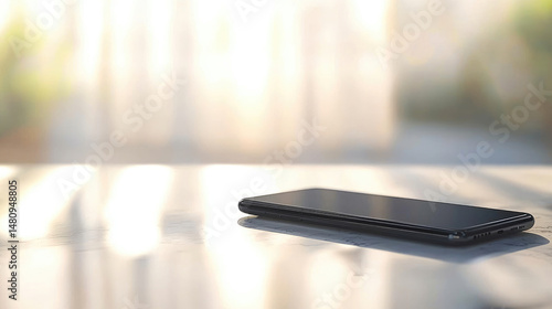 Wallpaper Mural A sleek, dark phone rests on a marble-like surface, illuminated by sunlight, blurry background Torontodigital.ca
