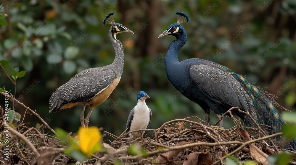 Naklejka premium Peafowl and Crane birds in nature