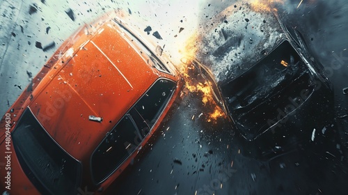 Intense Car Crash Collision - Dramatic Action Scene of a Vehicle Impact on Wet Asphalt Roadway, Motion Blur, Speed, Risk.