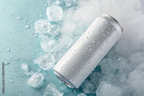 White soda can with ice cubes, condensation, and blue background