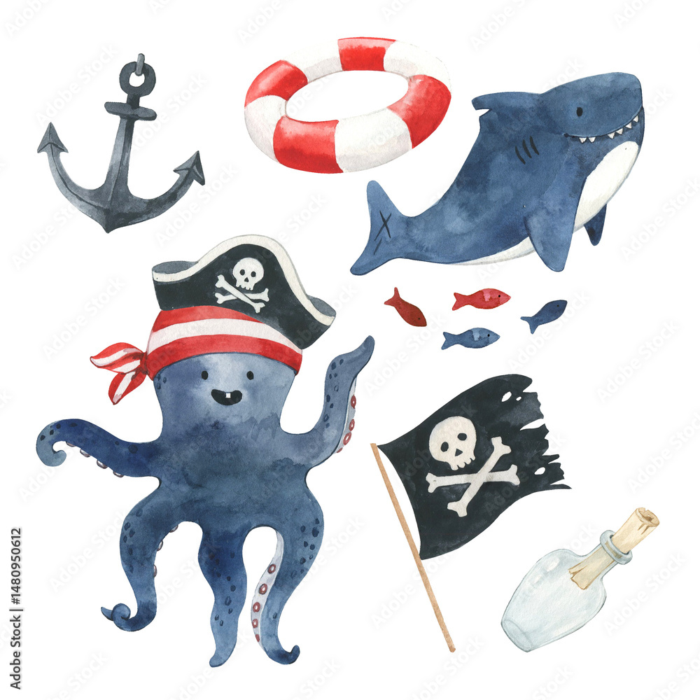 Naklejka premium Pirate octopus, shark pirate flad anchor bottle and fish watercolor illustrations set. Hand drawn clipart for kids design.