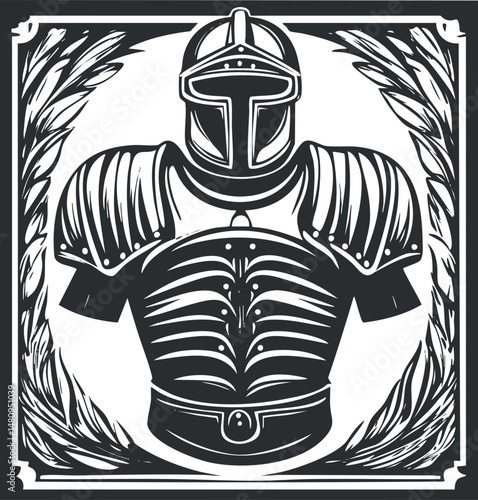 Black and white illustration of a medieval knight armor with helmet and chestplate, framed by ornamental leaves.
