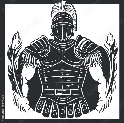 Black and white illustration of a muscular gladiator wearing detailed Roman armor and helmet with feathers