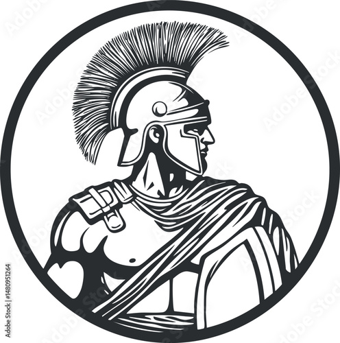 Black and white illustration of a Roman warrior wearing a helmet with a plume and holding a shield inside a circle.
