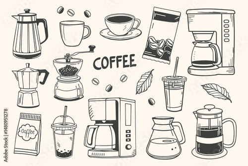 Coffee set with cups, coffee makers, grinders and beans. Coffee theme with different elements. Aesthetic hand drawn sketch illustration.
