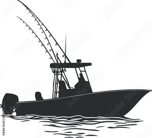 Silhouette of a fishing boat with fishing rods on water, ideal for fishing and marine activities