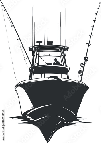 Silhouette of a fishing boat with fishing rods and an angler on the water in a marine recreational setting