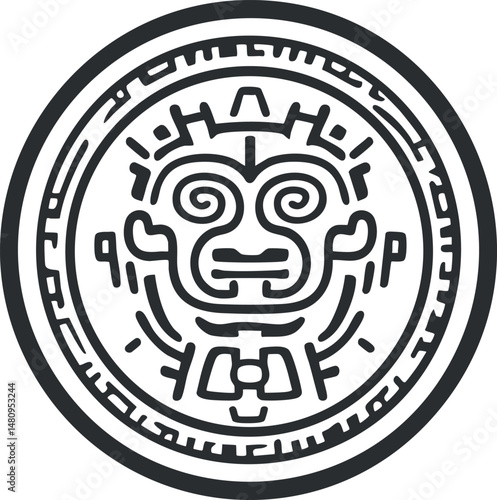 Black and white circular aztec tribal face symbol with intricate geometric patterns