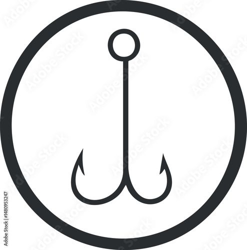 Black and white simple icon of a fishing hook inside a circle symbolizing fishing gear and angling