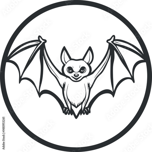 Black and white vector illustration of a bat with spread wings inside a circle symbolizing nocturnal wildlife.