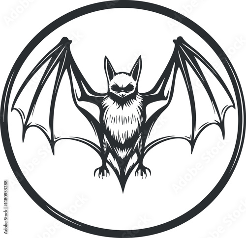 Black and white stylized bat illustration with spread wings inside a circular border, symbolizing nocturnal wildlife