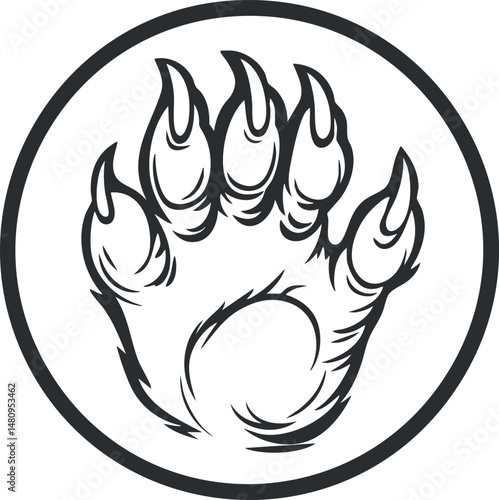 Black and white illustration of a bear paw with sharp claws inside a circular frame