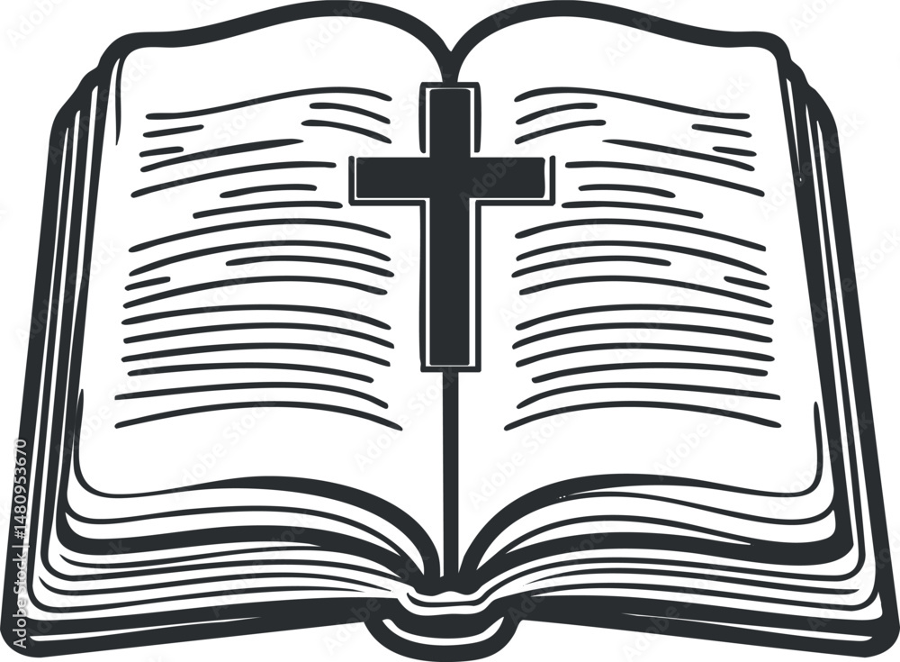 Black and white illustration of an open bible with a cross symbol in the center representing Christian faith and scripture Black and white illustration of an open bible with a cross symbol in the center representing Christian faith and scripture