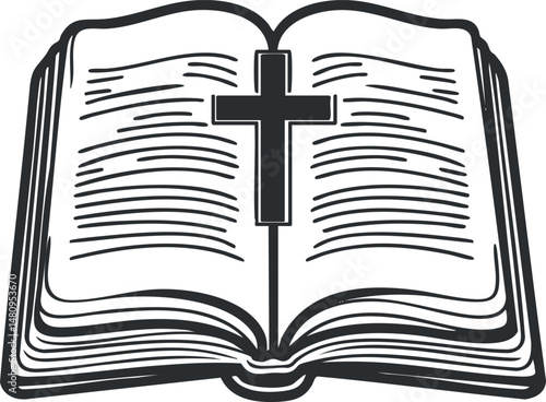 Black and white illustration of an open bible with a cross symbol in the center representing Christian faith and scripture