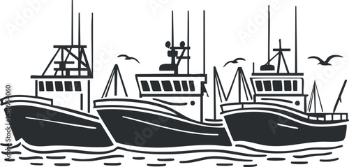 Black and white illustration of three fishing boats docked on water with seagulls flying nearby