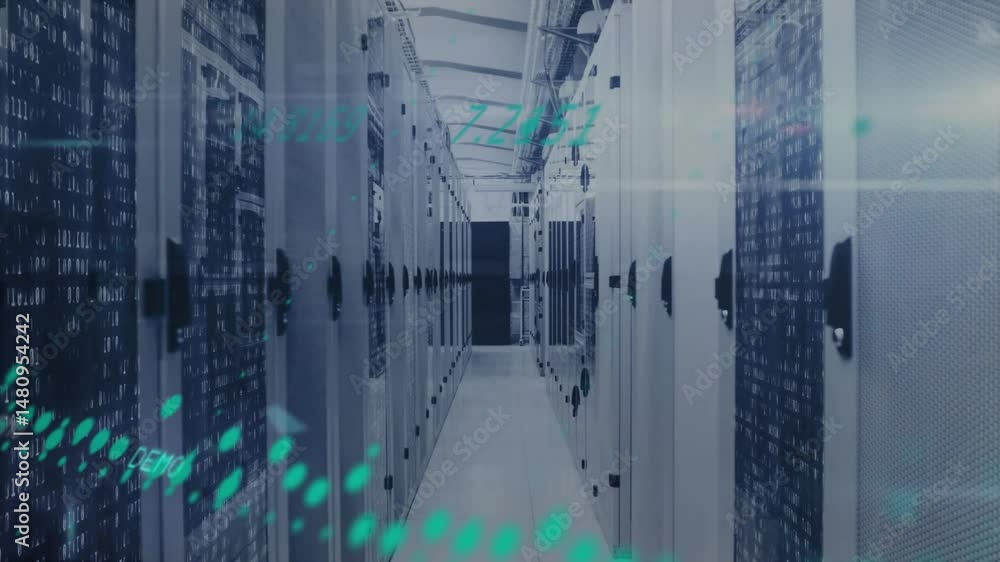 Secure data center corridor showcasing streaming binary code across server racks and cable trays Secure data center corridor showcasing streaming binary code across server racks and cable trays