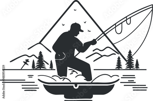 Silhouette of a fisherman catching fish on a boat in a mountain lake landscape with pine trees and birds.