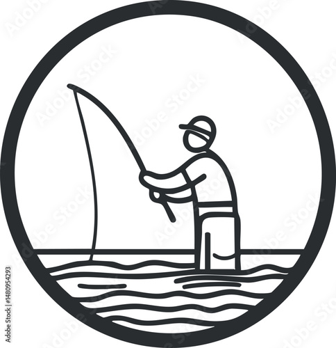 Outline icon of a fisherman standing in water while fishing with a rod and line in an outdoor setting