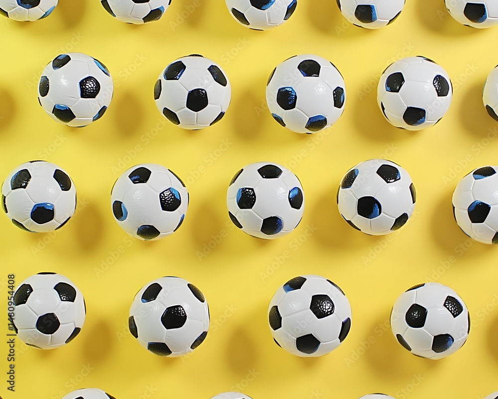 Soccer Balls Pattern on Yellow Background, Sport Texture Soccer Balls Pattern on Yellow Background, Sport Texture