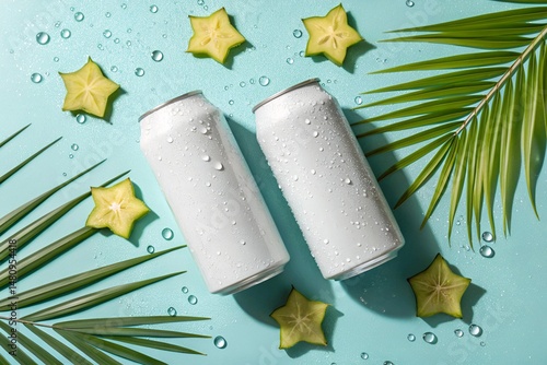 Two white soda cans with condensation, surrounded by starfruit slices and palm leaves on a turquoise background