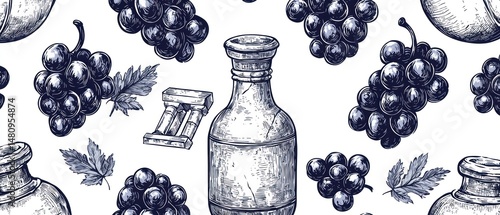 Seamless pattern featuring hand-drawn grapes and bottles, perfect for wine or juice related products