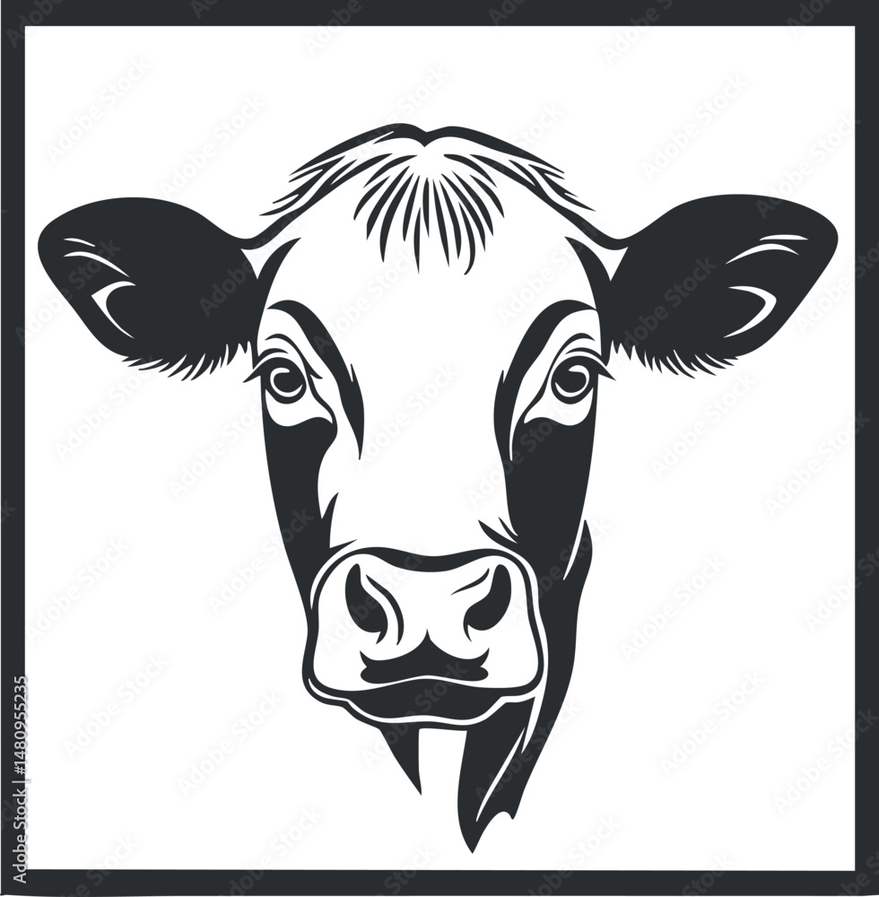Fototapeta premium Black and white vector illustration of a cow's head facing forward showing facial features and ears