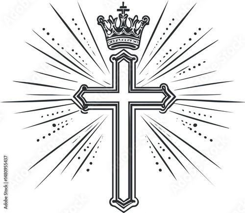 Black and white illustration of a detailed Christian cross with a crown and radiant rays symbolizing faith and spirituality
