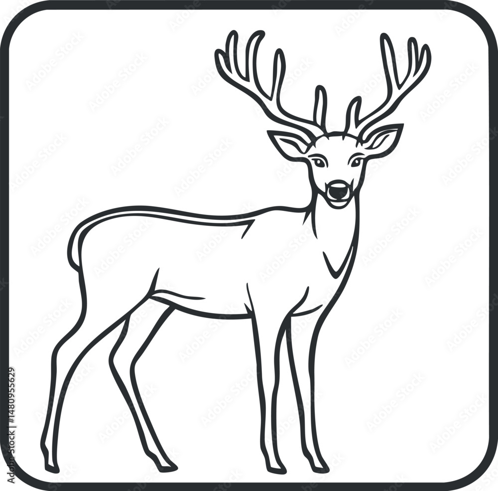 Fototapeta premium Black and white line art illustration of a deer with antlers standing, suitable for wildlife and nature themes.