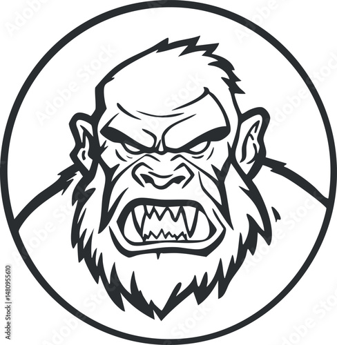 Black and white illustration of an angry ape face with fangs inside a circular frame