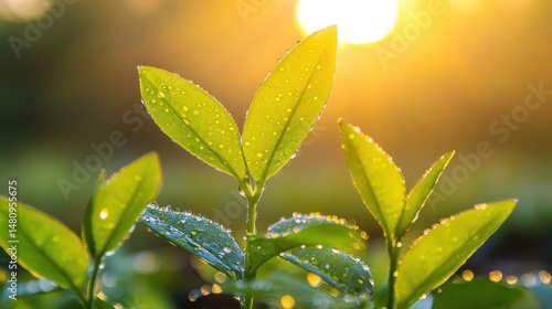 Green leaves dew drops sunrise sunlight nature photography