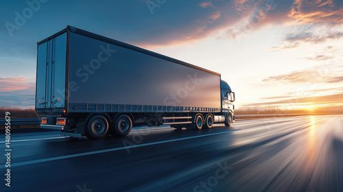 A large semi-truck speeds down a highway at sunset, blurring movement
