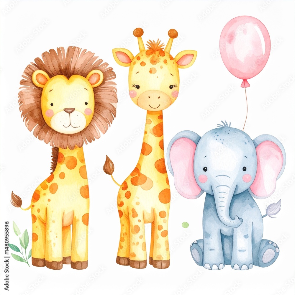 Fototapeta Watercolor Baby Safari Animals – Lion, giraffe, elephant – super popular for baby showers