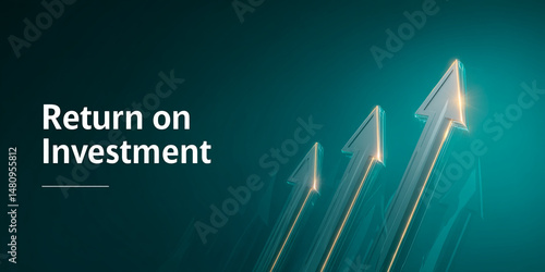Three upward-pointing arrows on teal background, symbolizing growth and progress in return on investment ROI Free space for text
