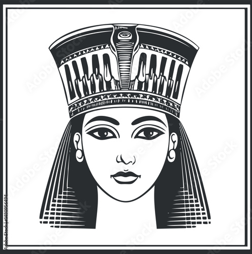 Black and white illustration of ancient Egyptian queen Nefertiti with traditional headdress and regal expression