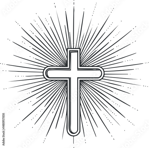 Black and white illustration of a Christian cross with radiant rays symbolizing faith and spirituality