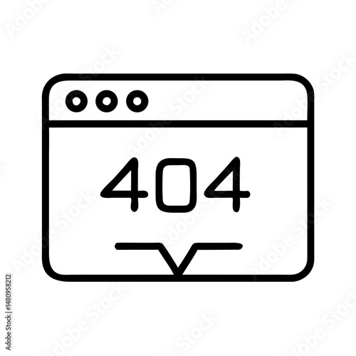 Minimalist black and white icon of a web browser with 404 error code, page not found warning symbol, isolated on white background