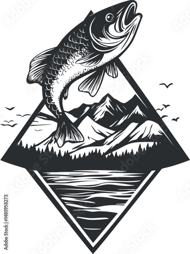 Black and white illustration of a fish jumping over a mountain lake landscape with birds flying in the background