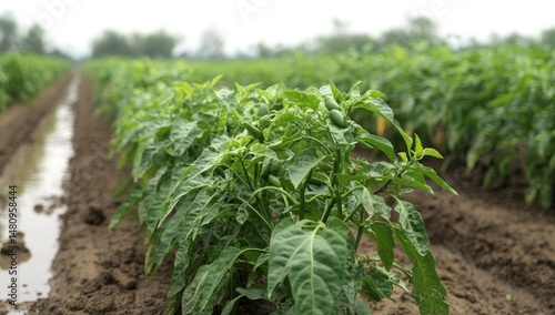 Wallpaper Mural Pepper plants in rows, lush green foliage, moist soil.  Small, unripe peppers visible Torontodigital.ca
