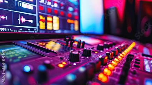 Wallpaper Mural Audio mixing console, vibrant lights, digital displays. Torontodigital.ca
