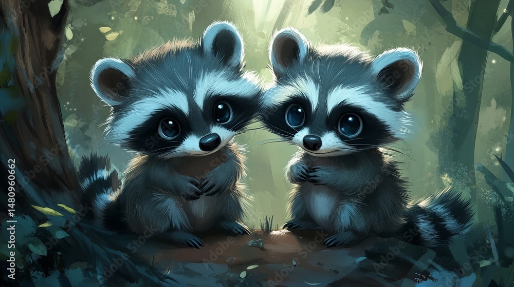 Obraz premium Adorable Baby Raccoons Forest Friends Cute Wildlife Digital Art Illustration duo fur pair dark tail 