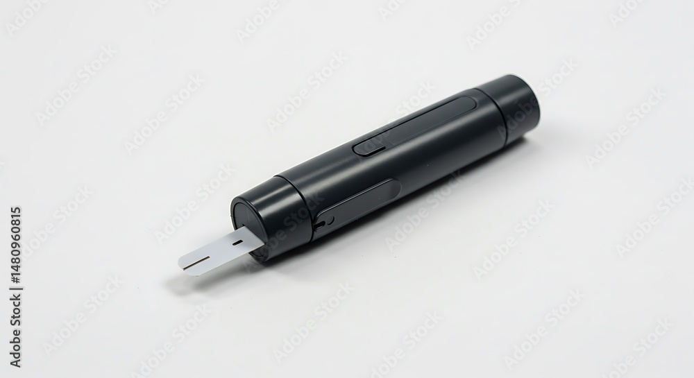 A dark grey or black plastic lancing device, featuring a visible sterile metal lancet tip, is clearly isolated on a clean white background. A dark grey or black plastic lancing device, featuring a visible sterile metal lancet tip, is clearly isolated on a clean white background.