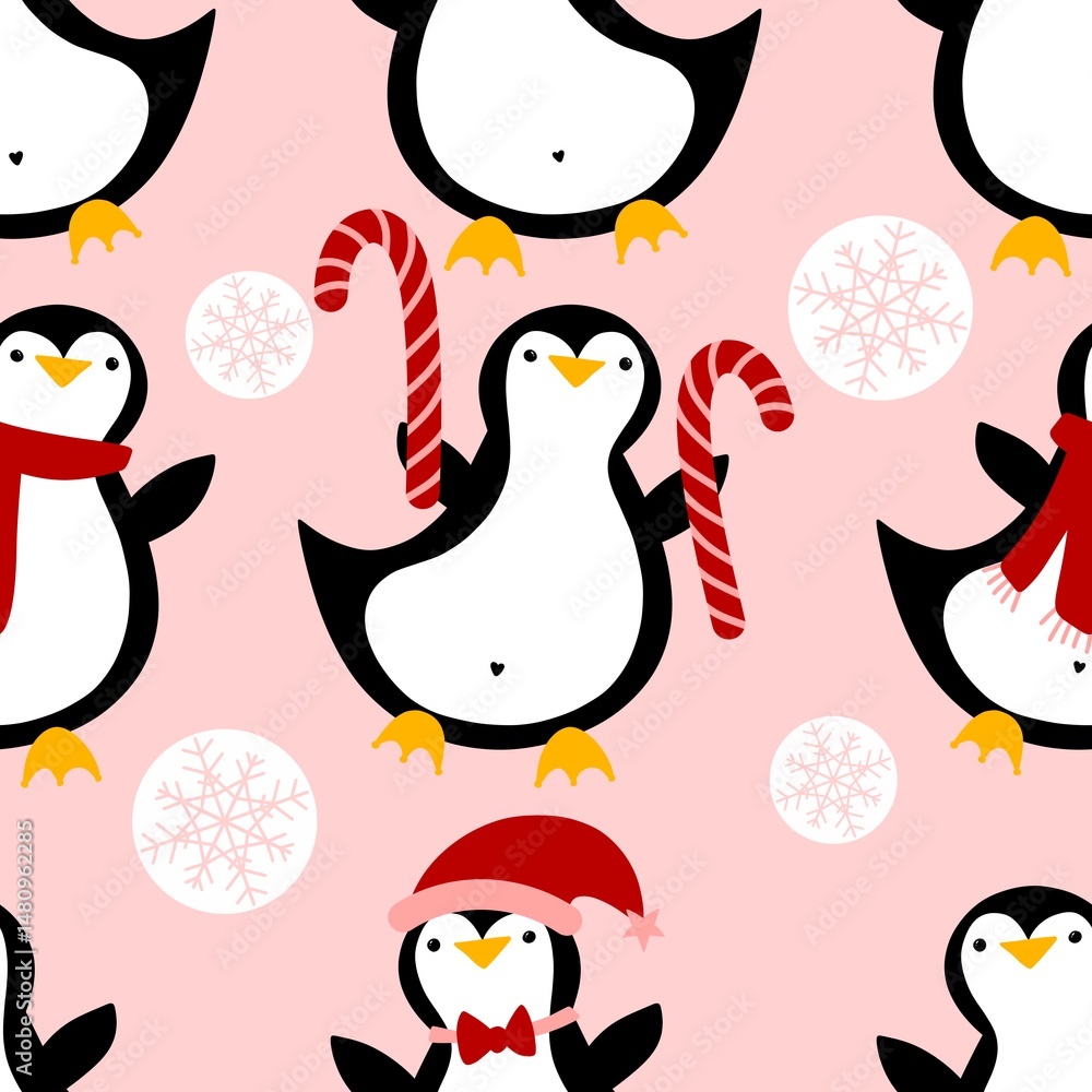 Fototapeta premium Christmas animals seamless penguin pattern for wrapping paper and fabrics