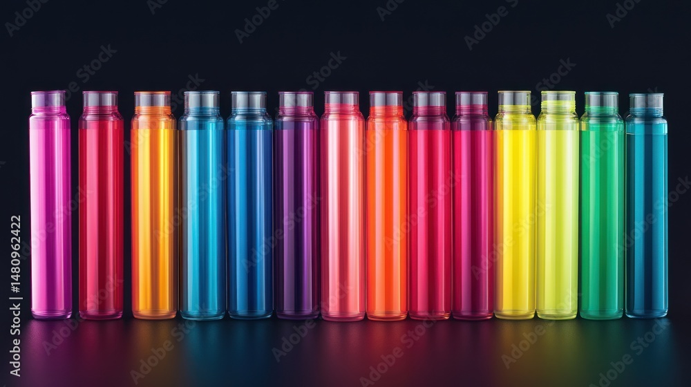 Obraz premium Vibrant colorful bottles liquid spectrum row design glossy surface dark background