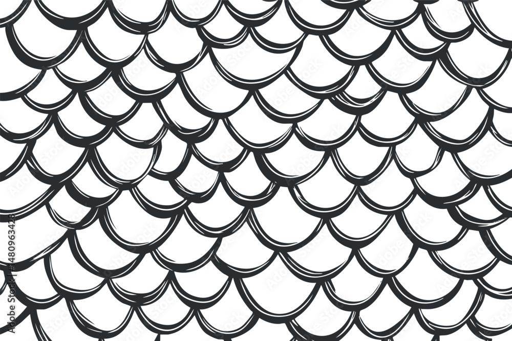 Hand drawn seamless fish scale pattern in black and white with overlapping curved lines