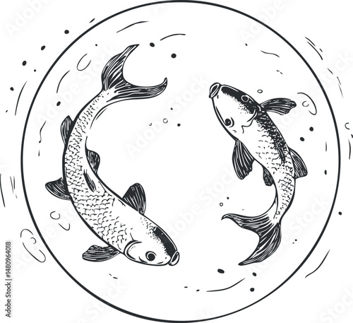 Black and white illustration of two koi fish swimming in a circular pond with water ripples